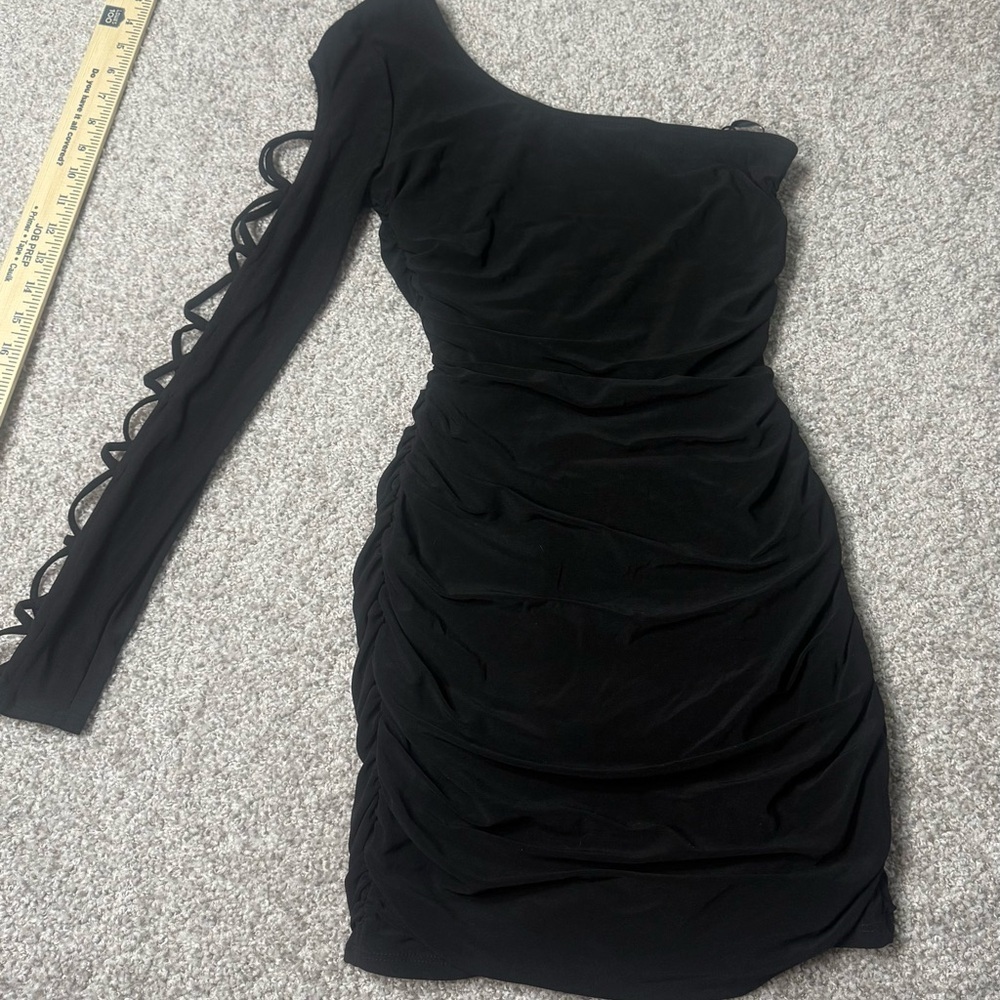 Vintage Deb black one shoulder sexy lace club mini dress sz small HOCO y2k - Picture 5 of 6